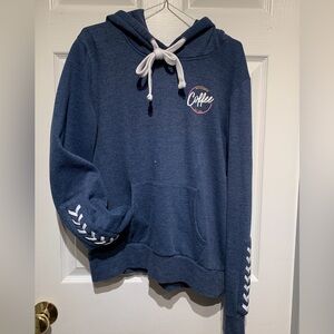 Dutch Bros blue hooded sweatshirt with cross lacing & logos- L women’s